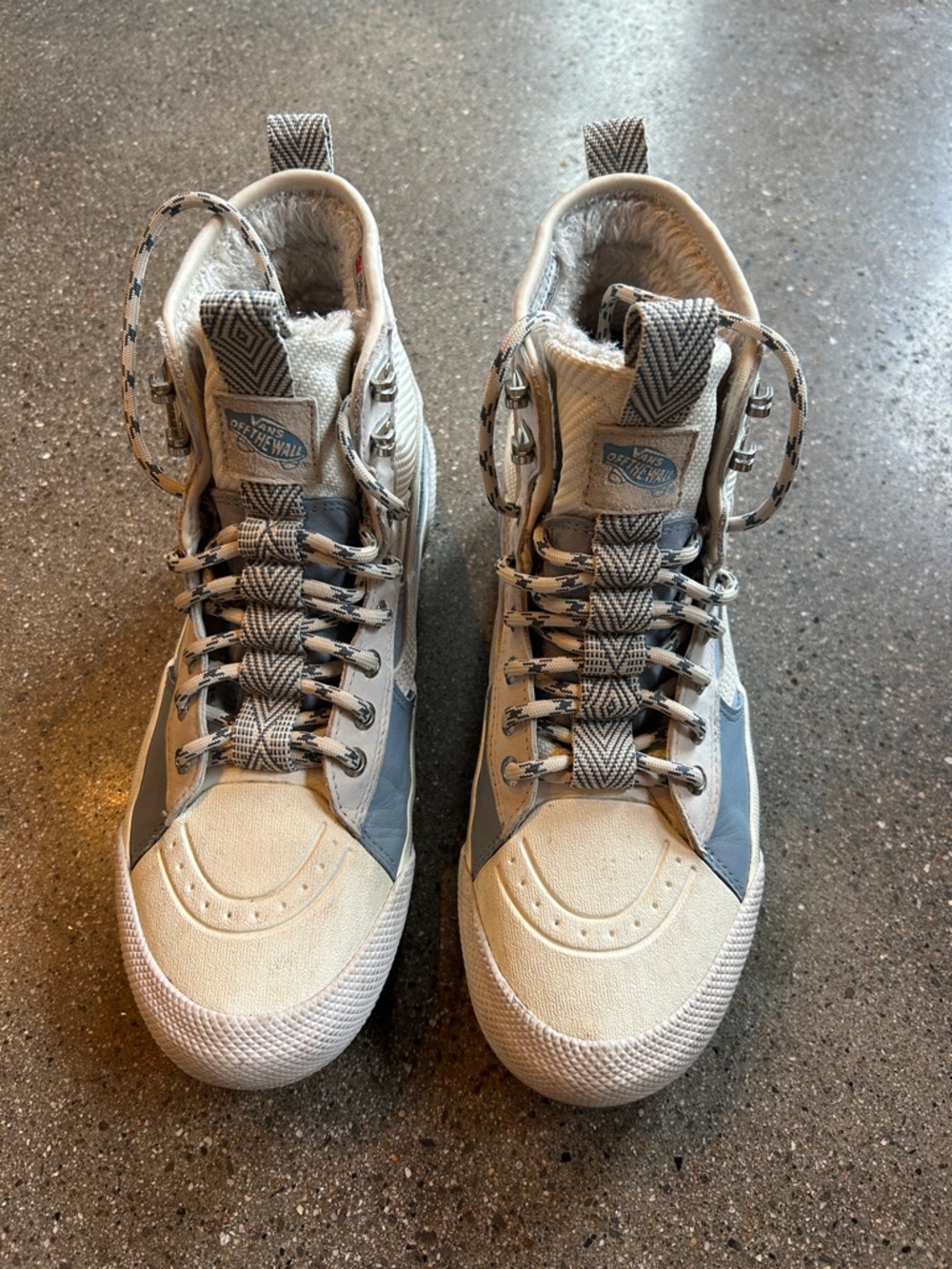 Vans High-Top Sneakers in Cream and Gray with Patterned Laces